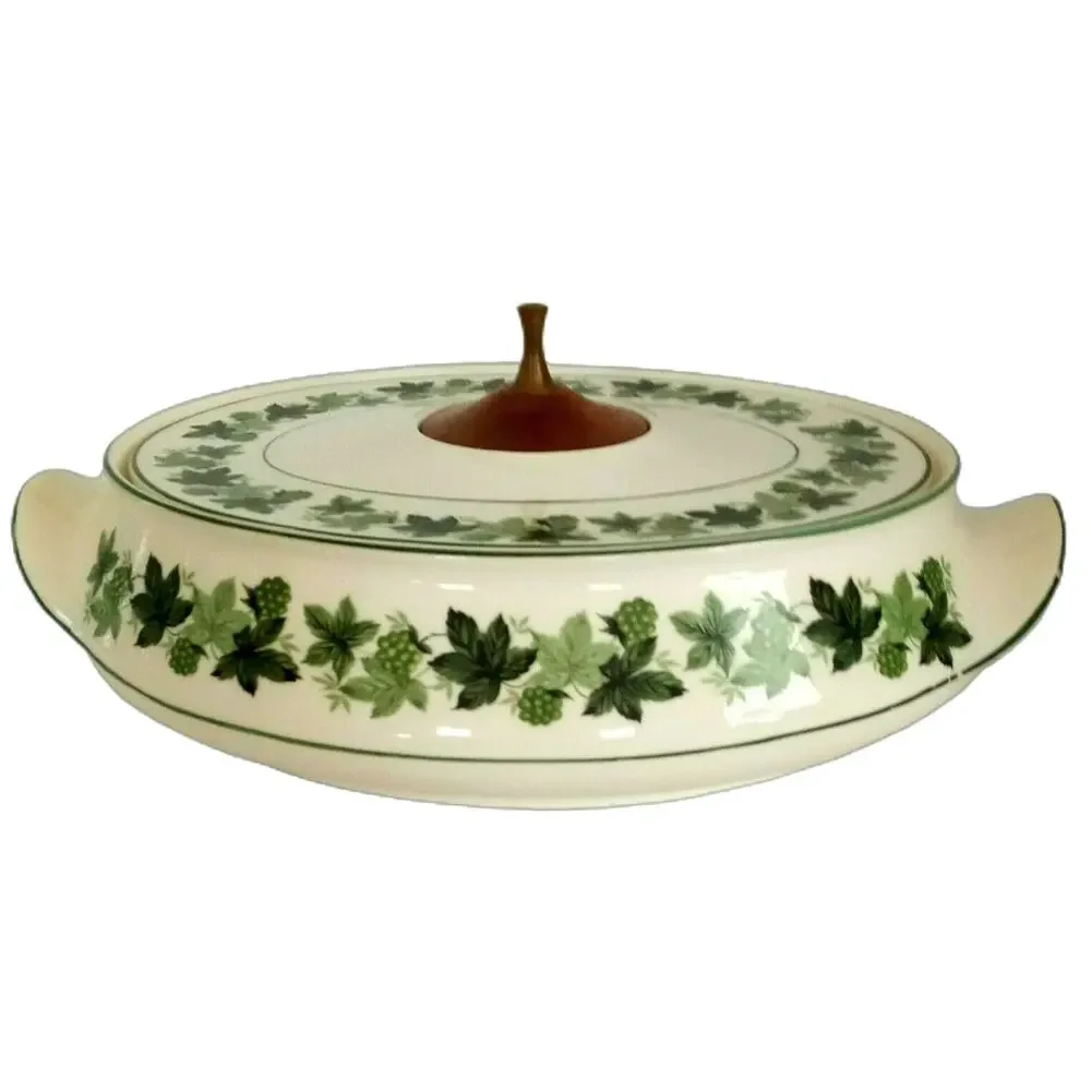 Vintage Green White Grapevine Casserole Covered Dish 60s Taylor Smith Greenbriar